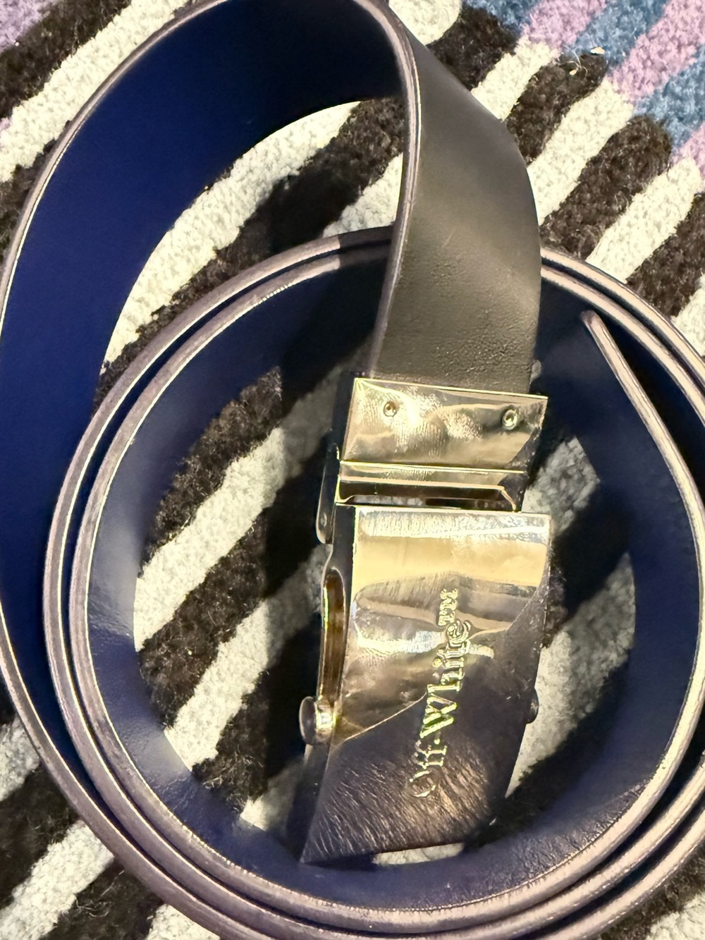 Off-White Reversible Leather Belt Black & Dark Blue Silver Buckle